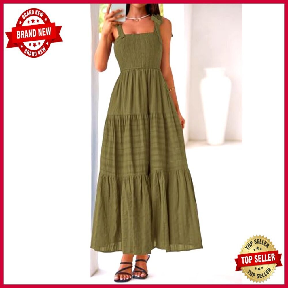 Boho Maxi Dress Sleeveless Smocked A-Line Casual Sundress with Pockets - Picture 5 of 7
